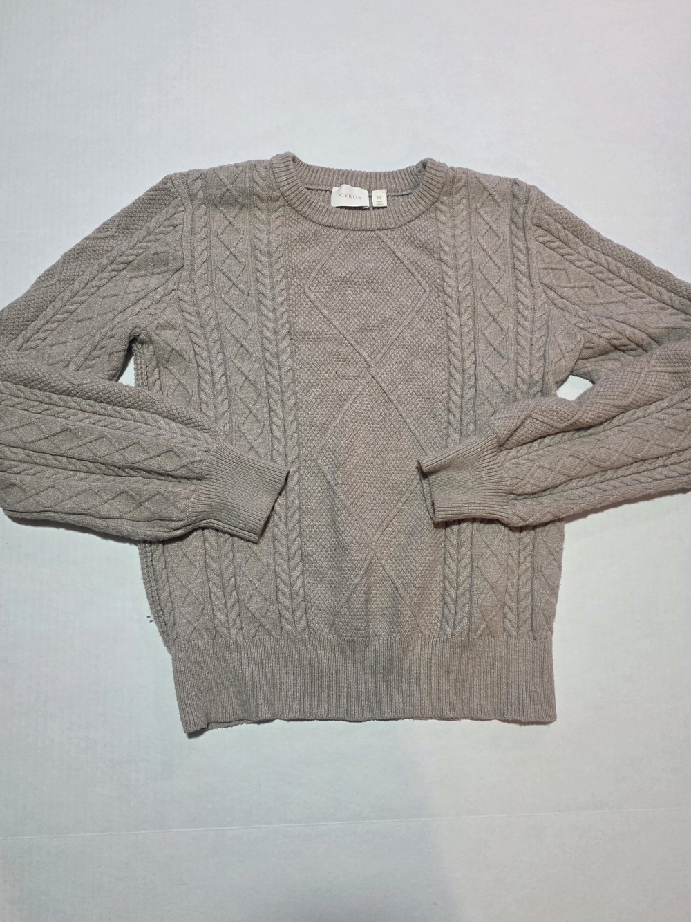 Cyrus Taupe Cable Knit Crewneck Sweater Size M